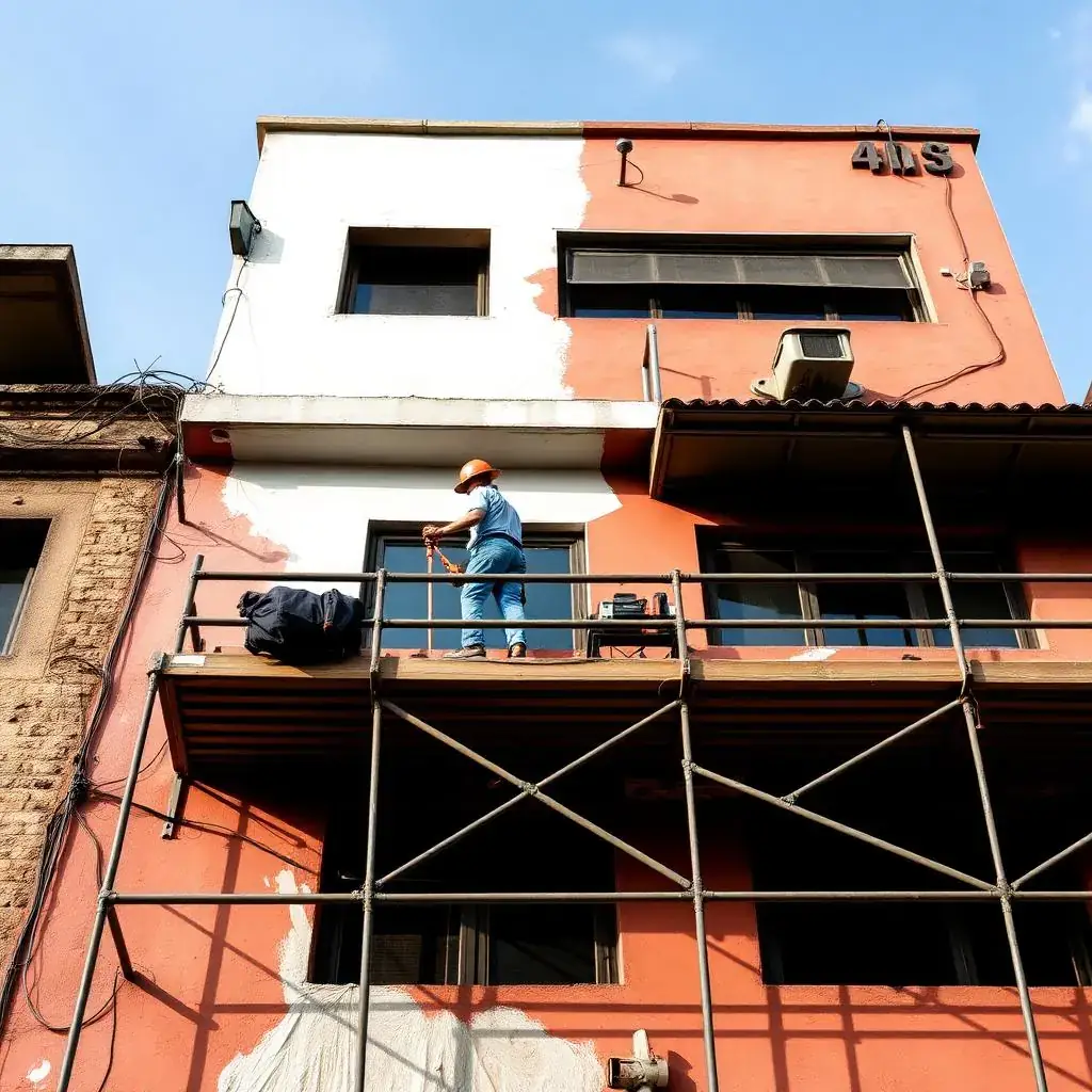 Pintura de fachada com profissional em andaime